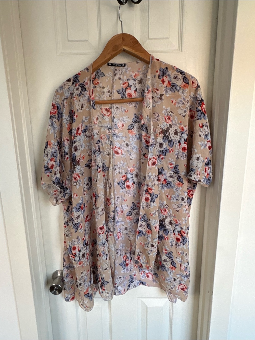 Beige Floral Open-Front Kimono Tunic - Lightweight Women's Top